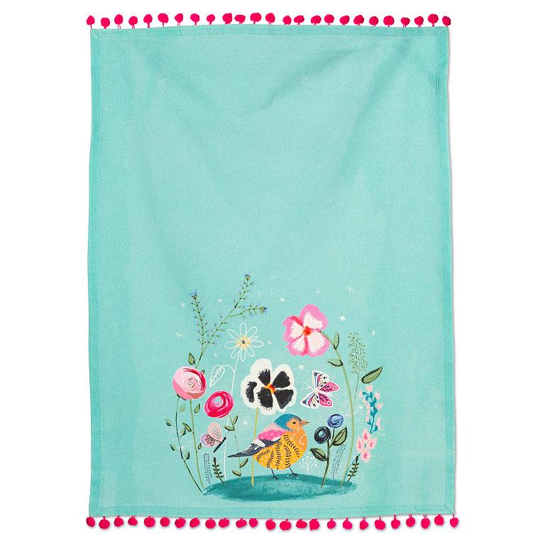 Abbott Whimsical Garden Tea Towel w/Pompom Trim